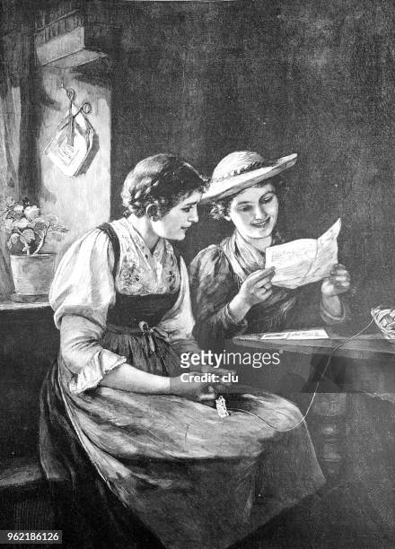 zwei junge frauen liest einen brief am tisch - love letter stock-grafiken, -clipart, -cartoons und -symbole