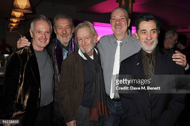 Sean Mathias, Sir Ian McKellen, Ronald Pickup, Matthew Kelly and Roger Rees attend the afterparty following the cast change of 'Waiting For Godot' at...