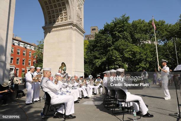 Members of the Navy Band perform in New York's Washington Square Park as part of Fleet Week festivities May 24, 2018 in New York City. Fleet Week,...