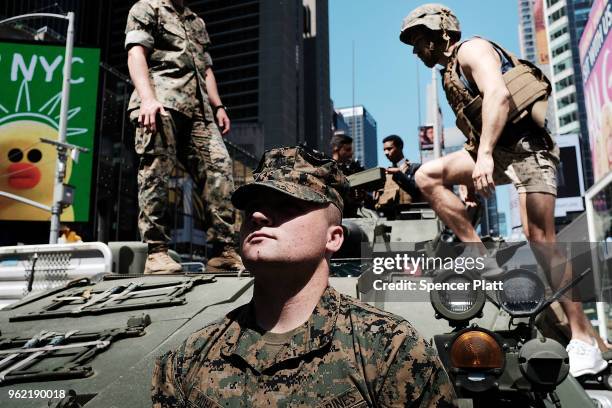 United States Marines give tours in Times Square as part of Fleet Week festivities on May 24, 2018 in New York City. Fleet Week, which has been held...