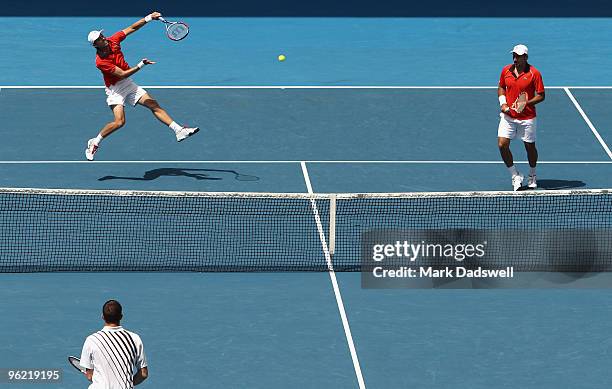 Daniel Nestor of Canada serves in his semifinal doubles match with Nenad Zimonjic of Serbia against Ivo Karlovic of Croatia and Dusan Vemic of Serbia...