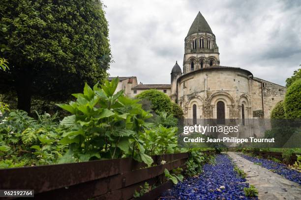 garden alley and the abbatial church of the abbey of sainte-marie-des-dames in saintes, france - abby road stock-fotos und bilder