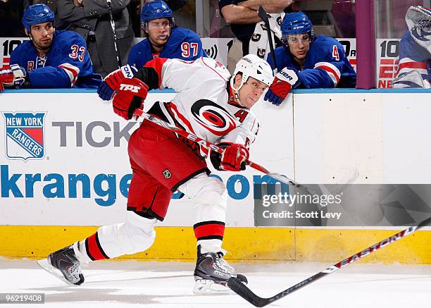 Rod Brind'Amour of the Carolina Hurricanes takes a shot against the New York Rangers in the first period on January 27, 2010 at Madison Square Garden...