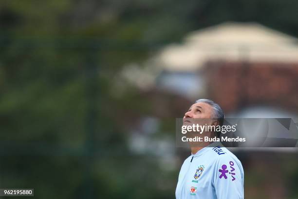 Head coach Tite looks on during a training session of the Brazilian national football team at the squad's Granja Comary training complex on May 24,...