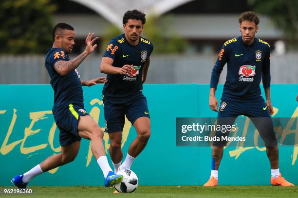 Gabriel Jesus, Marquinhos and Neymar in action during a training session of the Brazilian national football team at the squad's Granja Comary...