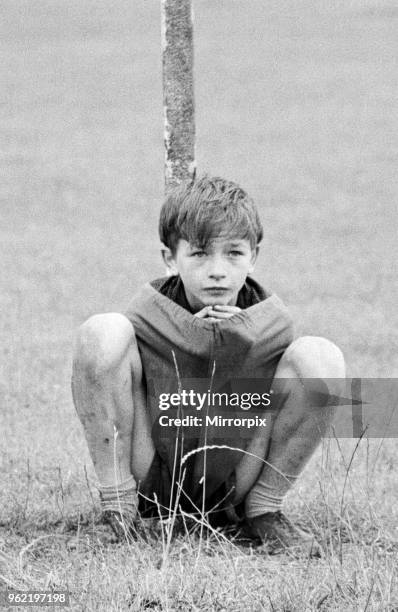 David Bradley, playing the part of Billy Casper, pictured with his Kestral, on the film set of the film Kes, 1969. Here Billy Casper is playing the...