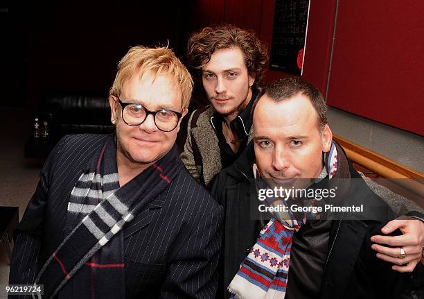 Sir Elton John, actor Aaron Johnson and David Furnish attend the "Nowhere Boy" premiere at Eccles Center Theatre during the 2010 Sundance Film...