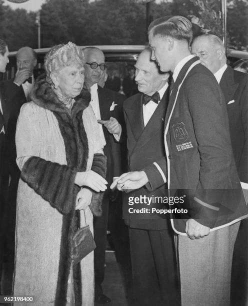 Queen Mary arriving at the Odeon cinema, Marble Arch for the premiere of Charles Crichton's Ealing comedy, 'The Lavender Hill Mob', 28th June 1951....