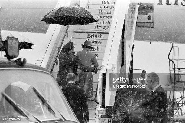 Her Majesty Elizabeth II and Prince Philip leaving Heathrow Airport for Bahrain on the Concorde, at the start of her Middle East Tour, 12th February...