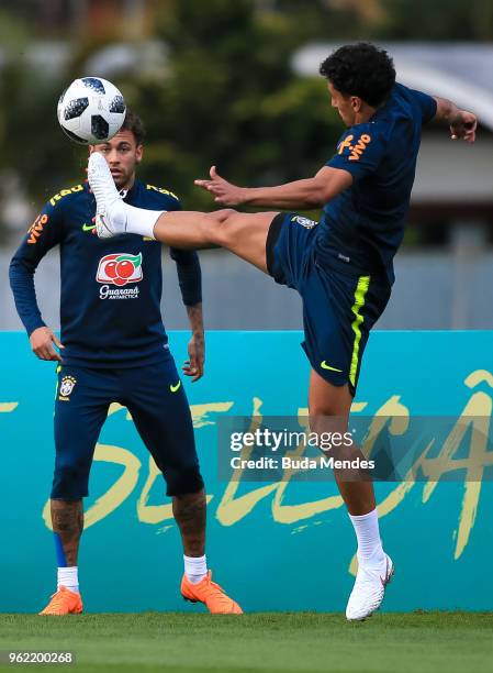 Neymar and Marquinhos in action during a training session of the Brazilian national football team at the squad's Granja Comary training complex on...