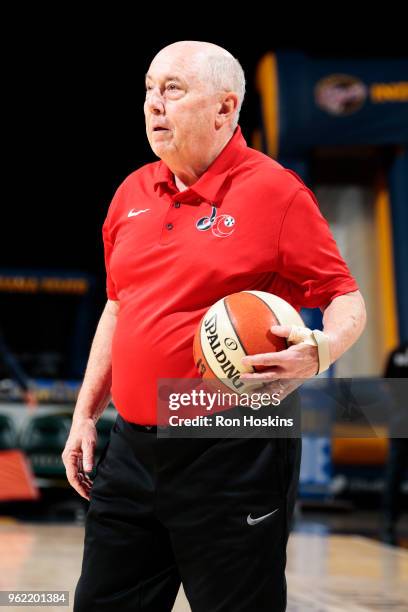 Head Coach Mike Thibault of the Washington Mystics looks on before the game against the Indiana Fever on May 24, 2018 at Bankers Life Fieldhouse in...