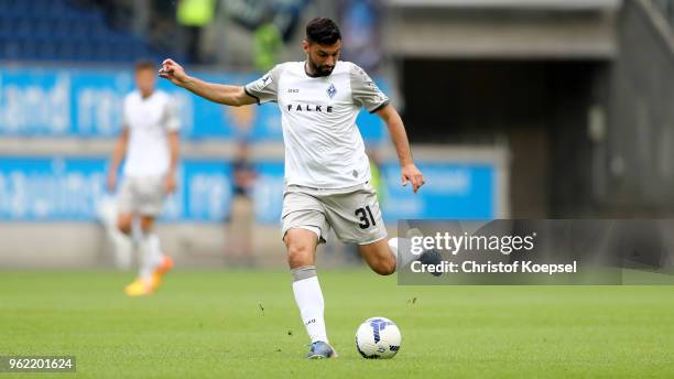 Daniel di Gregorio of Mannheim runs with the ball during the Third League Playoff first leg match between KFC Uerdingen and Waldhof Mannheim at...