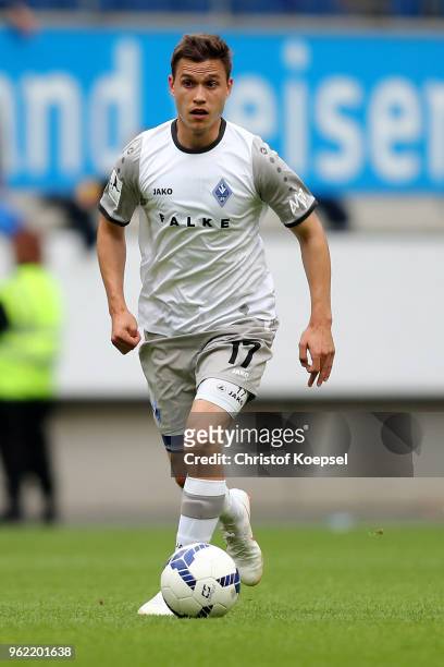 Of Gianluca Korte Mannheim runs with the ball during the Third League Playoff first leg match between KFC Uerdingen and Waldhof Mannheim at...