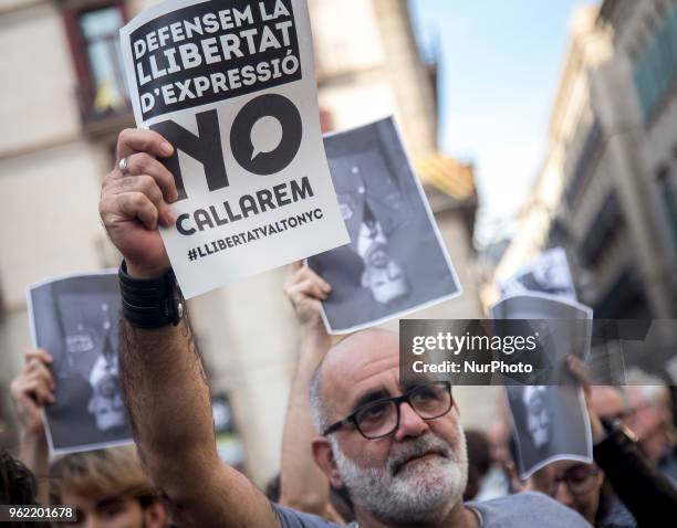 Activist show cartels with the text &quot;Defending free odf spech. Don't shut up!&quot;. Organised by CDR , pro-independence activist demonstrate...