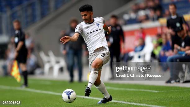 Hassan Amin of Mannheim runs with the ball during the Third League Playoff first leg match between KFC Uerdingen and Waldhof Mannheim at...