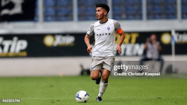 Hassan Amin of Mannheim runs with the ball during the Third League Playoff first leg match between KFC Uerdingen and Waldhof Mannheim at...