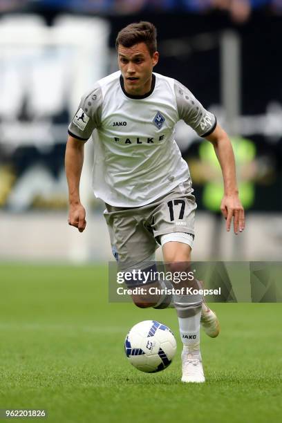 Gianluca Korte of Mannheim runs with the ball during the Third League Playoff first leg match between KFC Uerdingen and Waldhof Mannheim at...