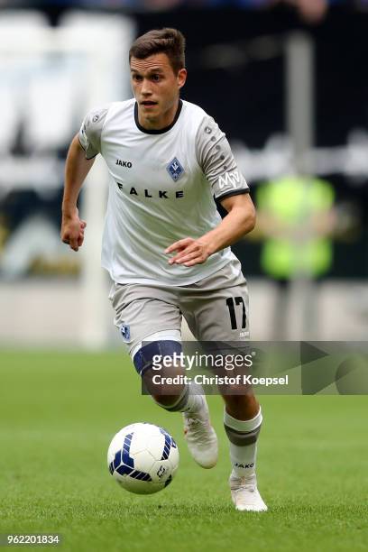 Gianluca Korte of Mannheim runs with the ball during the Third League Playoff first leg match between KFC Uerdingen and Waldhof Mannheim at...