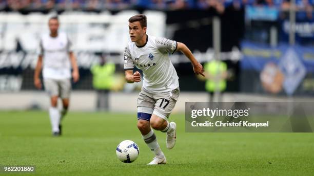 Gianluca Korte of Mannheim runs with the ball during the Third League Playoff first leg match between KFC Uerdingen and Waldhof Mannheim at...