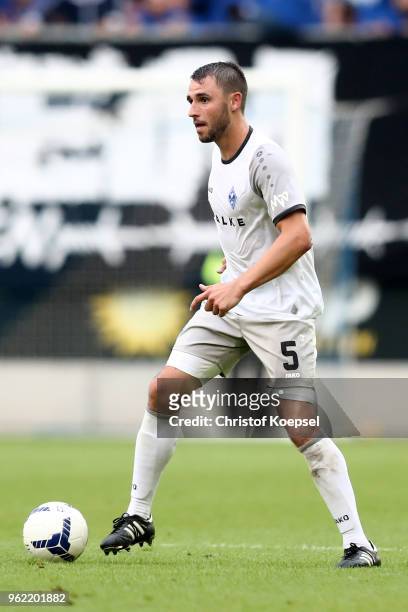 Of Kevin Conrad Mannheim runs with the ball during the Third League Playoff first leg match between KFC Uerdingen and Waldhof Mannheim at...