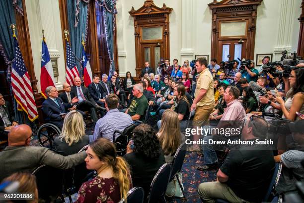 Texas Governor Greg Abbott holds a roundtable discussion with victims, family, and friends affected by the Santa Fe, Texas school shooting at the...