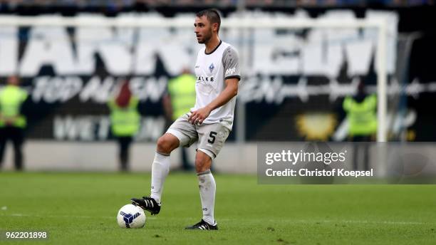 Of Kevin Conrad Mannheim runs with the ball during the Third League Playoff first leg match between KFC Uerdingen and Waldhof Mannheim at...