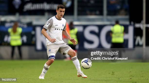 Michael Schultz of Mannheim runs with the ball during the Third League Playoff first leg match between KFC Uerdingen and Waldhof Mannheim at...