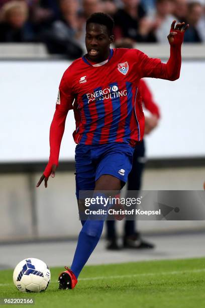 Johannes Doerfler of Uerdingen runs with the ball during the Third League Playoff first leg match between KFC Uerdingen and Waldhof Mannheim at...