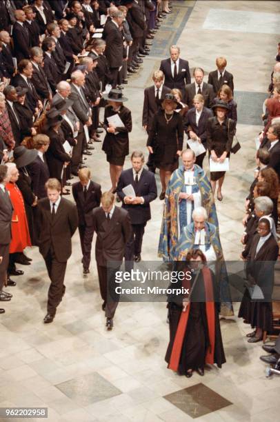 Lady Jane Fellows, Frances Shand Kydd, Lady Sarah McCorquodale, Prince Harry, Prince Charles, Earl Spencer and Prince William at the funeral of...