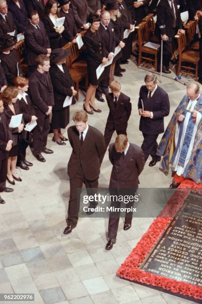 The funeral of Diana, Princess of Wales at Westminster Abbey, London. Prince Harry, Prince Charles, Earl Spencer and Prince William, 6th September...