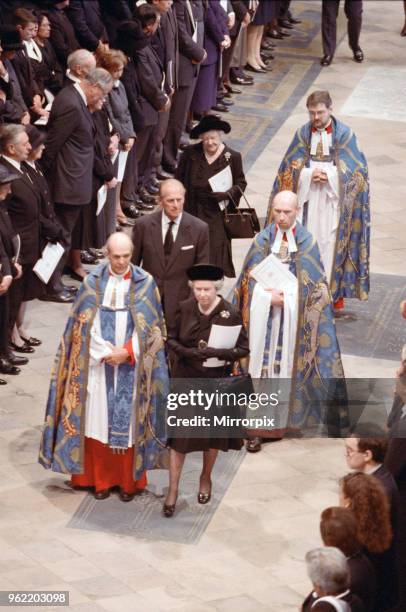 The Queen Mother, Prince Philip and Queen Elizabeth II at the funeral of Diana, Princess of Wales at Westminster Abbey, London, 6th September 1997.