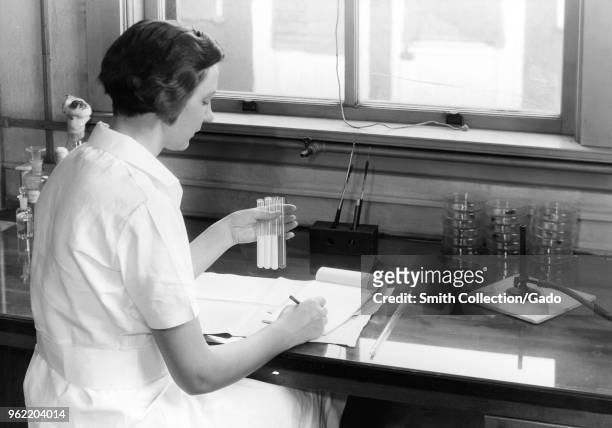 Laboratory scientist conducting a demonstration of a pH test on bovine milk samples, Veterinary School at the University of Minnesota, October, 1934....