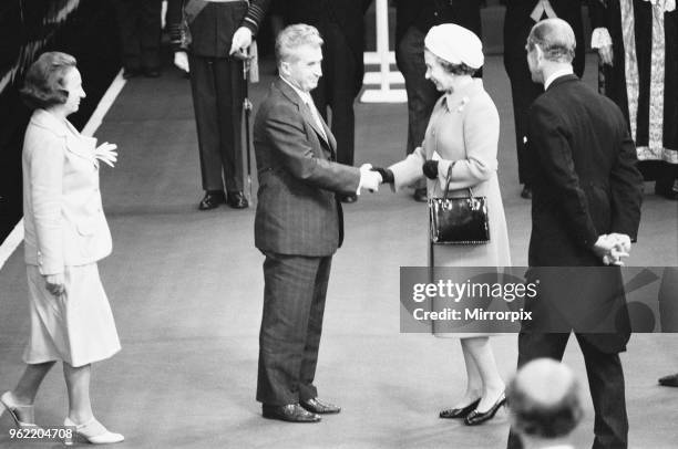 President Nicolae Ceausescu of Romania accompanied by Madame Elena Ceausescu is welcomed at Victoria Station by Queen Elizabeth. June 13th 1978.