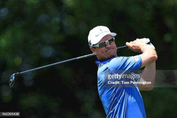 Zach Johnson plays his shot from the ninth tee during round one of the Fort Worth Invitational at Colonial Country Club on May 24, 2018 in Fort...