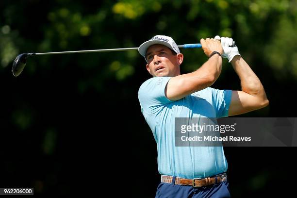 Scott Stallings plays his shot from the 12th tee during round one of the Fort Worth Invitational at Colonial Country Club on May 24, 2018 in Fort...