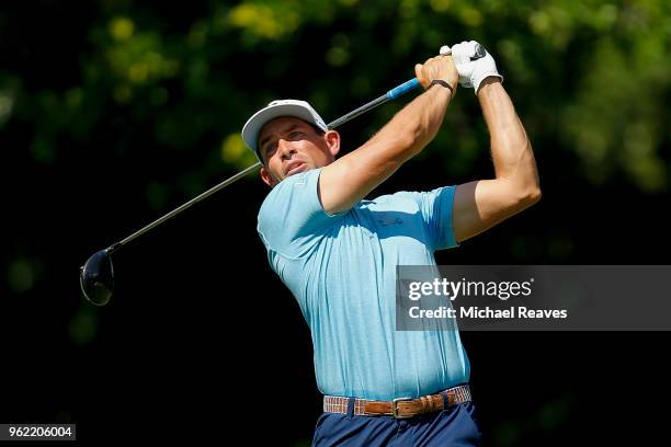 Scott Stallings plays his shot from the 12th tee during round one of the Fort Worth Invitational at Colonial Country Club on May 24, 2018 in Fort...