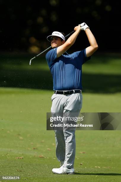 Beau Hossler plays his shot from the 12th tee during round one of the Fort Worth Invitational at Colonial Country Club on May 24, 2018 in Fort Worth,...