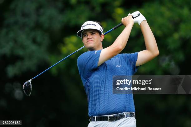 Beau Hossler plays his shot from the 12th tee during round one of the Fort Worth Invitational at Colonial Country Club on May 24, 2018 in Fort Worth,...