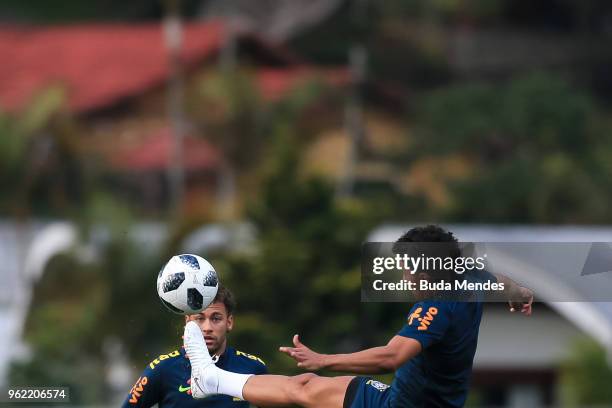Neymar and Marquinhos in action during a training session of the Brazilian national football team at the squad's Granja Comary training complex on...