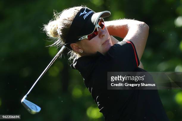 Nicole Broch Larsen of Denmark watches her tee shot on the seventh hole during the first round of the LPGA Volvik Championship on May 24, 2018 at...