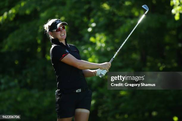 Nicole Broch Larsen of Denmark watches her tee shot on the seventh hole during the first round of the LPGA Volvik Championship on May 24, 2018 at...