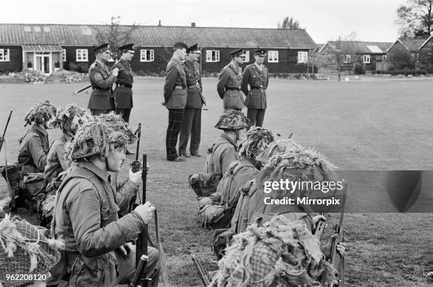 Prince Philip, Duke of Edinburgh, visiting the Infantry Junior Leaders Battalion at Park Hall Camp, Oswestry, Shropshire. In camouflaged battledress...