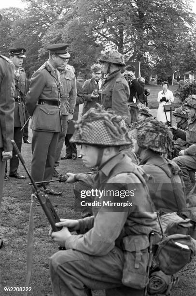 Prince Philip, Duke of Edinburgh, visiting the Infantry Junior Leaders Battalion at Park Hall Camp, Oswestry, Shropshire. In camouflaged battledress...