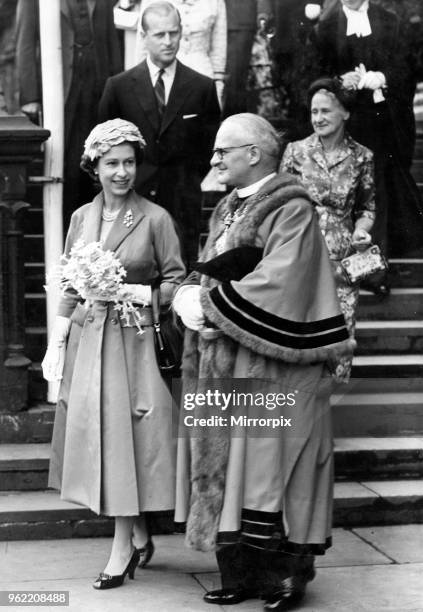 Queen Elizabeth II and Prince Philip, Duke of Edinburgh, visiting Chester. After the Royal visit to Chester Town Hall. The Queen walks down the Town...