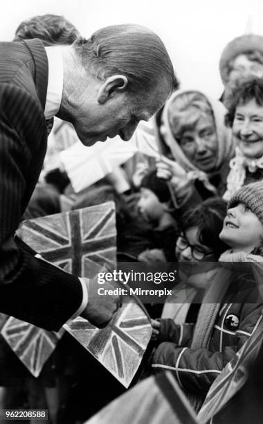 Prince Philip, Duke of Edinburgh gives some Royal advice to Joanne Miller whose Union Jack flag was upside down during his visit to Liverpool, 8th...