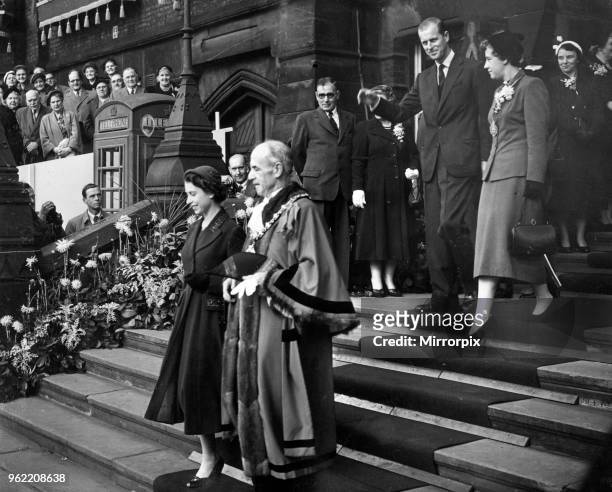 Queen Elizabeth II and Prince Philip, Duke of Edinburgh, visiting St Helens. Out into the sunshine to more cheers; this was the St Helens scene as...