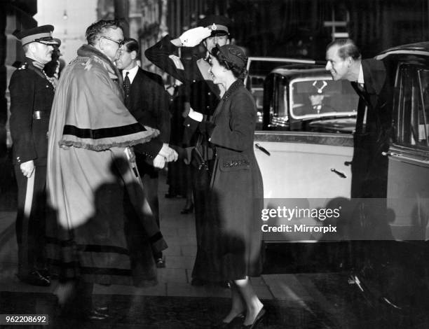 Queen Elizabeth II and Prince Philip, Duke of Edinburgh, visiting Liverpool. The Lord Mayor welcomes the Queen to the Town Hall. The Duke of...