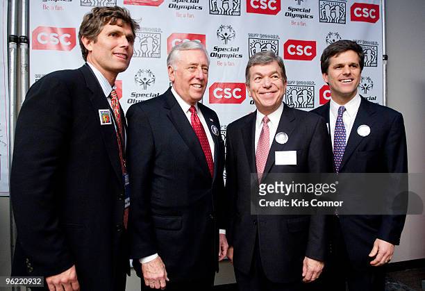 Anthony Shriver, Rep. Steny Hoyer , Rep. Roy Blunt , and Timothy Shriver pose for a photo before the Eunice Kennedy Shriver Act support reception at...