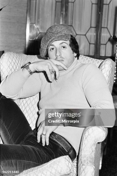 Sylvester Stallone, american actor and writer in London to promote new film Rocky, both written by and starring him in the lead role of boxer Rocky...