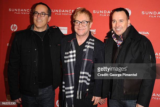 David Furnish, Sundance Film Festival Director John Cooper and Sir Elton John attend the "Nowhere Boy" premiere at Eccles Center Theatre during the...